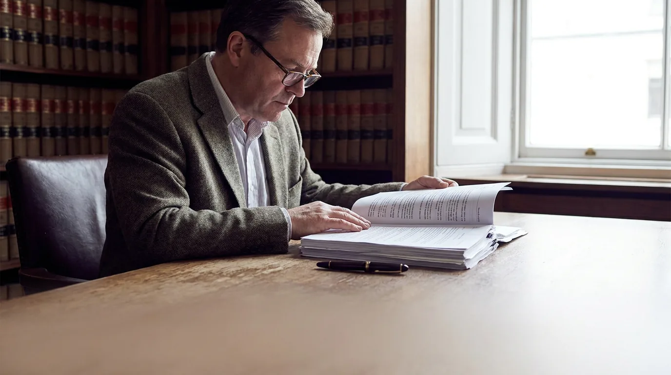 Profissional analisando documentos jurídicos em escritório