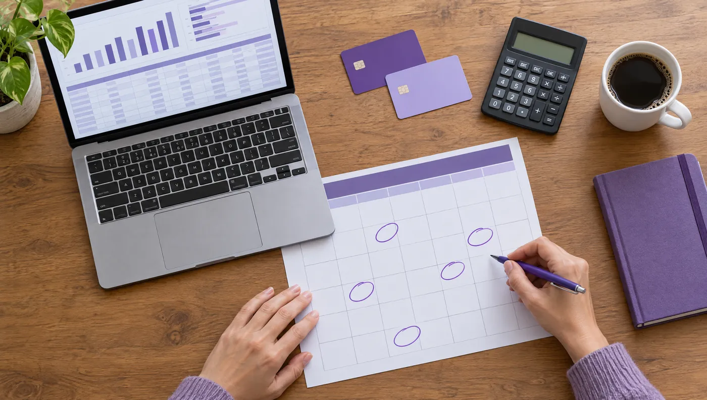 Mesa de trabalho do RH com calendário marcado, notebook com gráficos e cartões de benefício