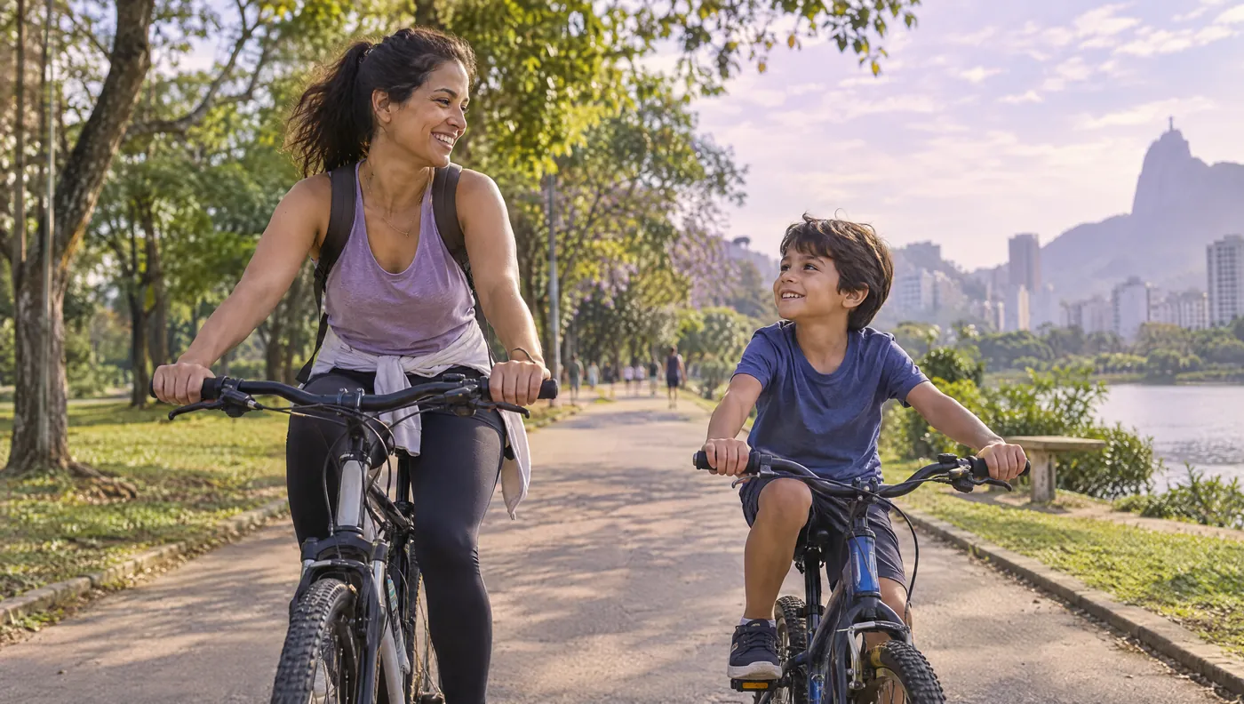 Mãe e filho andam de bicicleta num parque numa manhã de sol