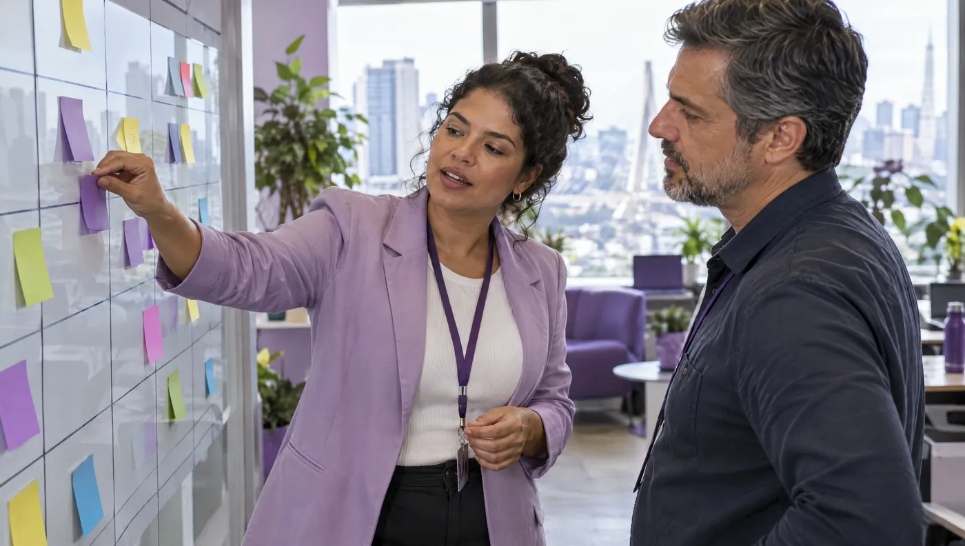 Gestora de RH reorganiza a escala da equipe num quadro de notas adesivas, ao lado de um supervisor
