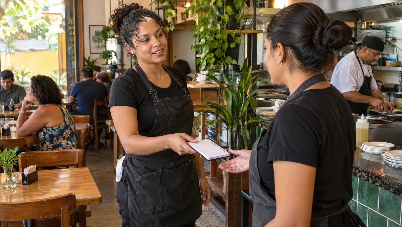Garçonete entrega o bloco de pedidos a uma colega na troca de turno de um restaurante