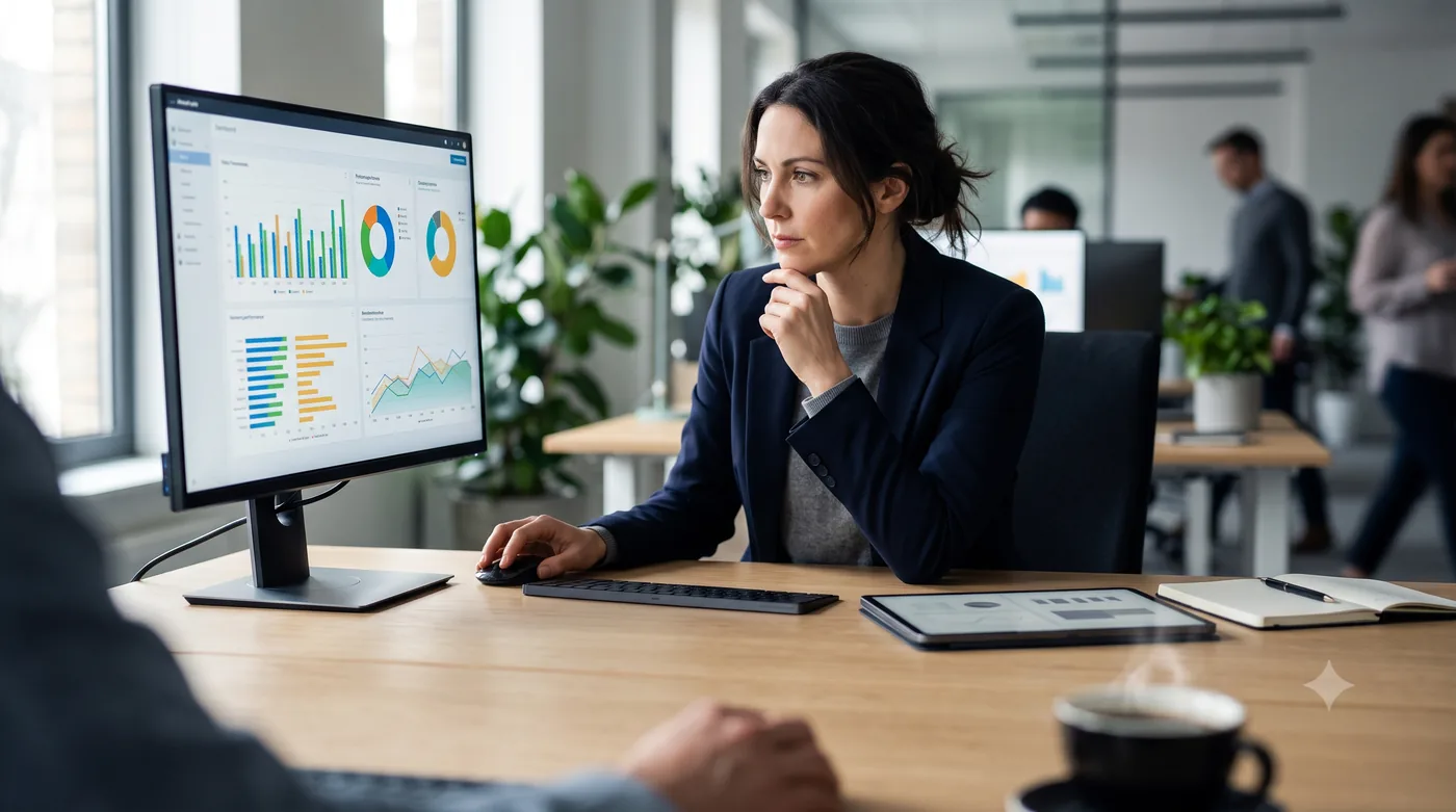 Profissional analisando dashboards de indicadores de RH
