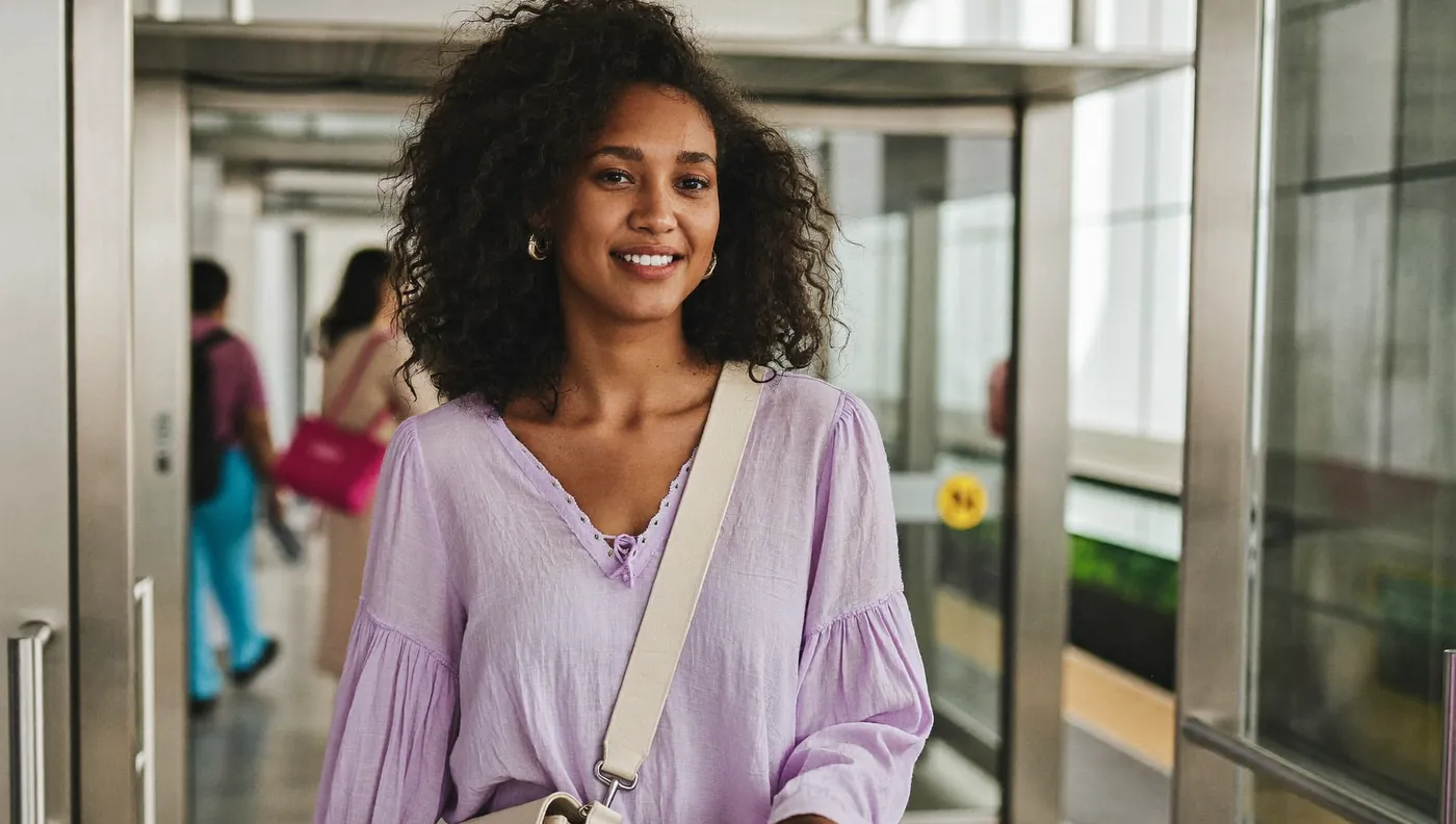 Mulher passa pela catraca do metrô com o cartão de transporte na mão